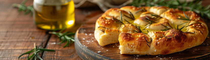 Homemade focaccia bread garnished with fresh rosemary and sesame seeds, served on a rustic wooden board next to olive oil