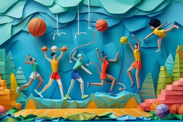 Origami Paper Town: Physical Education Gym Essence - obrazy, fototapety, plakaty