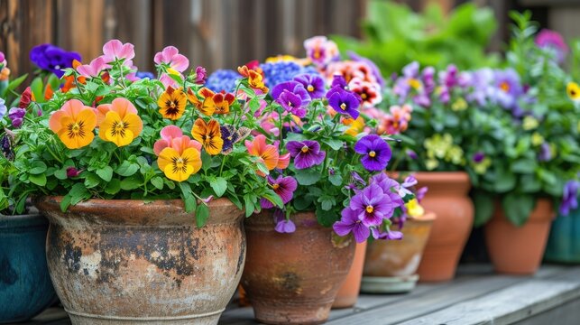 Potted flowering plants, such as petunias and pansies, on a quaint patio