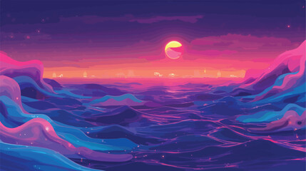 Night fantasy seascape with futuristic waves and foam - obrazy, fototapety, plakaty