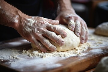 Zoomed-in shot of a baker's hands shaping dough into rolls. - obrazy, fototapety, plakaty