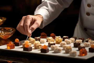 Close-up of a chef's hands arranging petit fours on a platter.