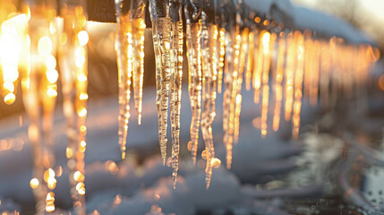 Close-up of Icicles Adorning Roof Edge in Winter - obrazy, fototapety, plakaty