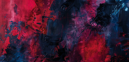 : A high-quality image showcasing the complexity of an abstract palette painting, heavily layered with textiles in indigo and scarlet red.