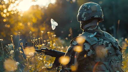 Soldier in camouflage with a rifle during sunset, observing nature. A moment of peace on the battlefield. Military lifestyle captured in warm light. AI