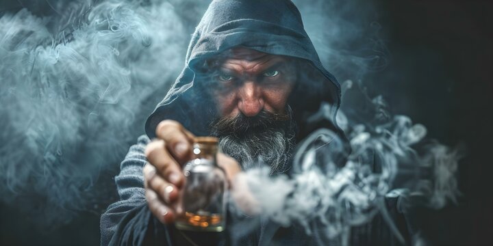 A happy hunter holds a goblin in a bottle watching it transform into smoke and rise. Concept Creating a magical moment, capturing outdoor fantasy scenes, storytelling through photography