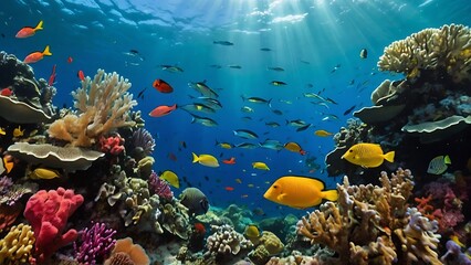 Naklejka na ściany i meble Tropical fish and colorful coral reef in the Sea.