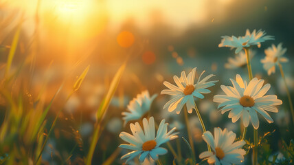 idyllic daisy bloom abstract soft focus sunset field landscape of white flowers blur grass meadow warm golden hour sunset sunrise time tranquil spring summer nature closeup bokeh forest background - obrazy, fototapety, plakaty