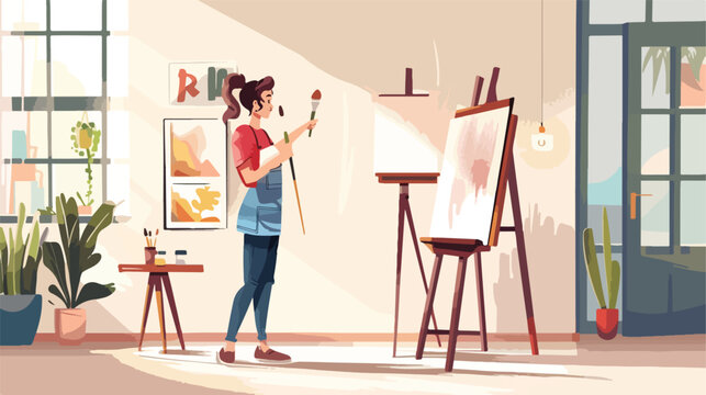 The artist paints a picture in her studio flat vector