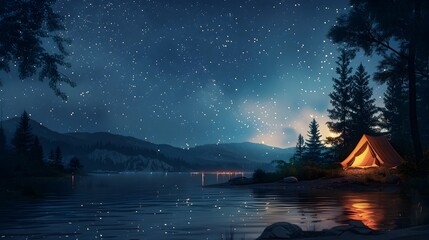 Serene Lakeside Camping Beneath a Starry Night Sky Peaceful Solitude in a Tranquil Wilderness Retreat - obrazy, fototapety, plakaty