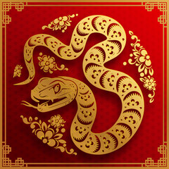 Happy chinese new year 2025 year of the snake with flower,lantern,asian elements red and gold traditional paper cut style on color background. (Translation : happy new year 2025 the snake zodiac )