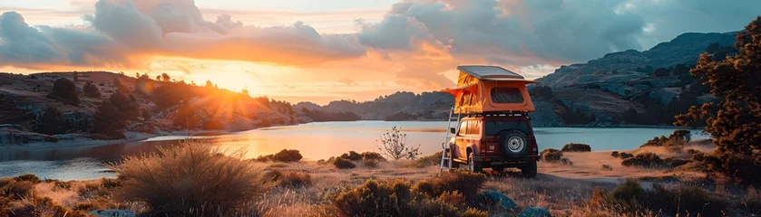 Foto op Plexiglas Donkerbruin Overlanding into the Wilderness Rooftop Tent Parked in Remote Mountain Landscape at Sunset with Dramatic Clouds and Scenic Vistas