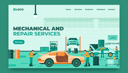 Auto repair shop landing page in flat design