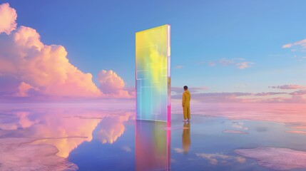Plakaty  A person in contemplation before a vibrant, iridescent door standing alone in a tranquil, reflective waterscape with pastel skies.
