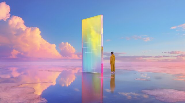 Naklejki A person in contemplation before a vibrant, iridescent door standing alone in a tranquil, reflective waterscape with pastel skies.