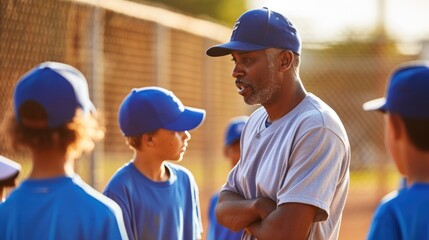 Baseball coach giving advice to young players - obrazy, fototapety, plakaty