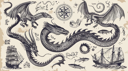 Vintage map elements. Serpent dragon leviathan sketch