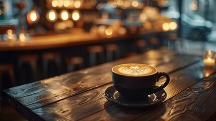 black cup of cappuccino with latte art on wooden background in cafe - obrazy, fototapety, plakaty
