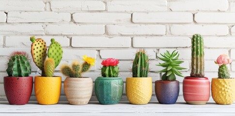 Colorful cacti in assorted vases against white brick wall, creating a vibrant display of desert...