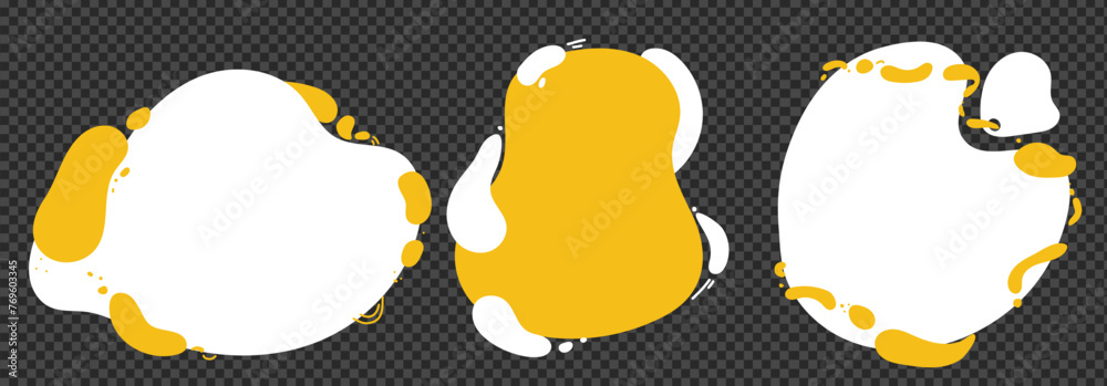 Poster Blob shape set on transparent background. Vector liquid abstract shape. Wavy circle elements. Design bg with space for text. Yellow and white stain with bubbles.