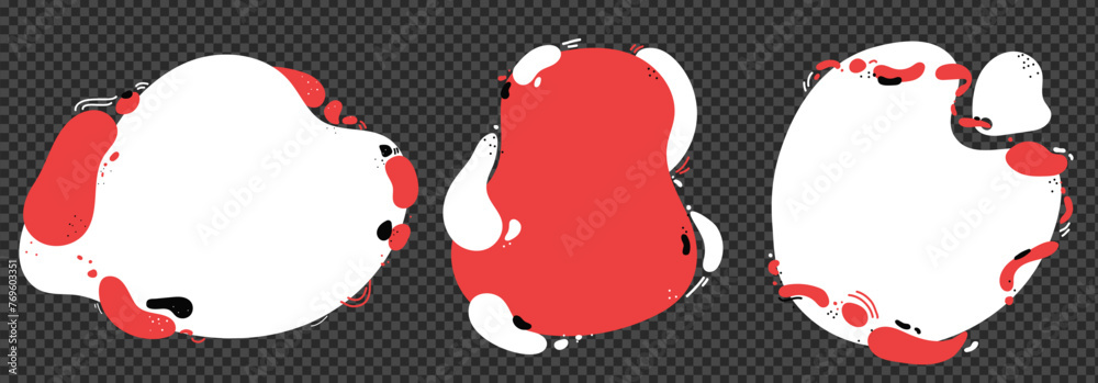 Poster Blob shape set on transparent background. Vector liquid abstract shape. Wavy circle elements. Design bg with space for text. Red and white stain with bubbles.