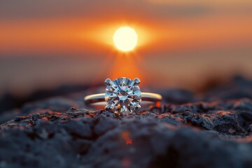 A stunning engagement ring catches the warm glow of a sunset, sparkling atop a textured surface.
