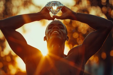 Man Holding Giant Diamond in Sunset Light
