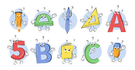 School funny office supplies characters letters ABC and numbers. Book, notebook, pen, pencil, eraser, rulers. Vector illustration for children design or school.