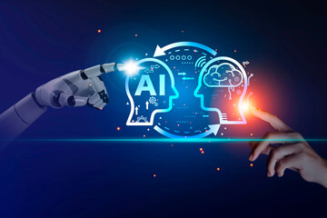 artificial intelligence Machine learning concept. Robot hand and business hand pointing to AI icon. With artificial intelligence machine learning language. AI technology Machine learning management.