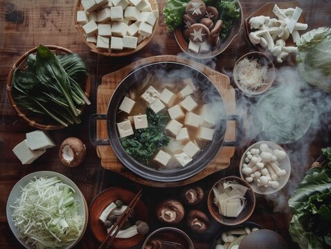 A cozy shabu-shabu dinner with steam rising from the hot pot
