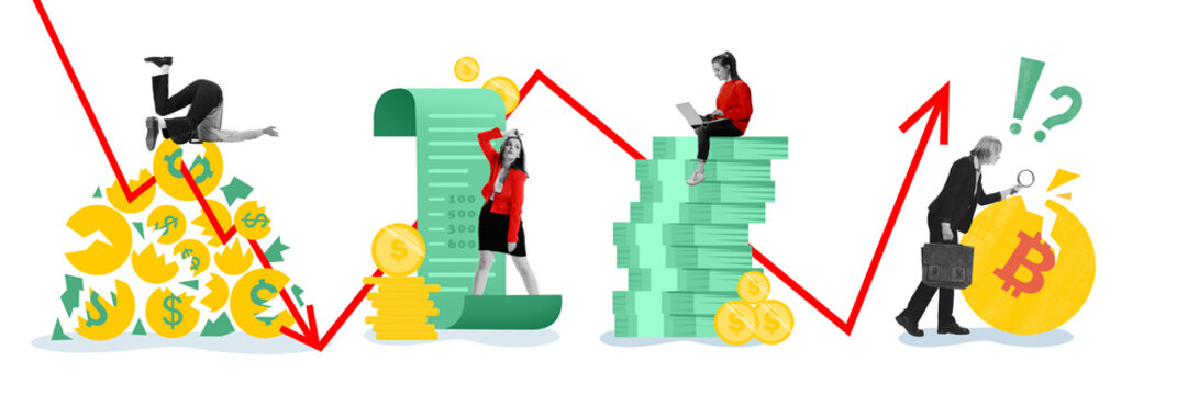 Banner. Contemporary art collage. Business people in different financial situations with unnormal graph arrows symbolizing decreases and increases. Concept of business development, passive income.