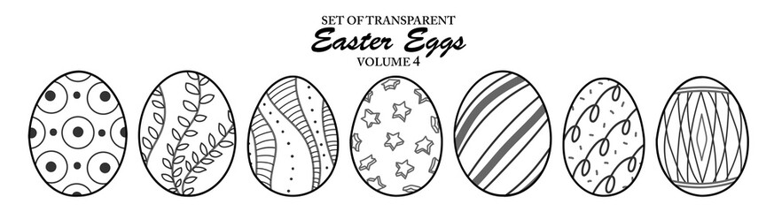 A series of isolated decorations for Easter day in cute hand drawn style. Easter Eggs in black outline and white plain on transparent background. Elements for coloring book or sticker. Volume 4.