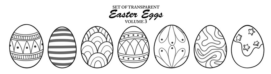 A series of isolated decorations for Easter day in cute hand drawn style. Easter Eggs in black outline and white plain on transparent background. Elements for coloring book or sticker. Volume 3.