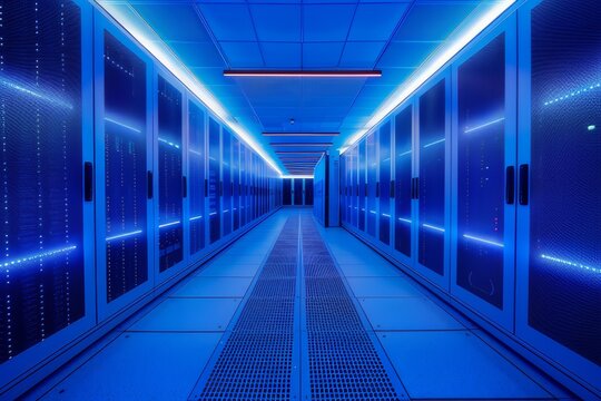 A spacious hallway inside a data center with rows of servers.