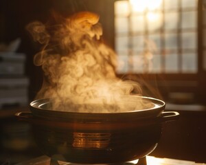A pot of dashi at dawn its steam mingling with the morning light - obrazy, fototapety, plakaty