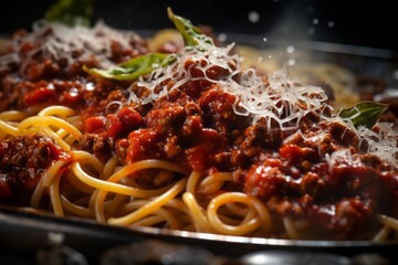 Juicy spaghetti bolognese on a metal tray against a frosted glass background - obrazy, fototapety, plakaty