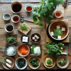 Foto op Canvas A serene tabletop set with an array of dipping sauces like ponzu and sesame © WARIT_S