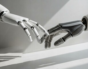 Robot's metallic hand gently approaches a human hand, fingertips almost touching