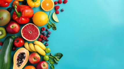 photo of a colorful assortment of fruits and vegetables on a vibrant blue background with plenty of room for text or design elements with copy space Generative AI