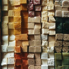 A vibrant display of tofu varieties each with its unique texture and shade