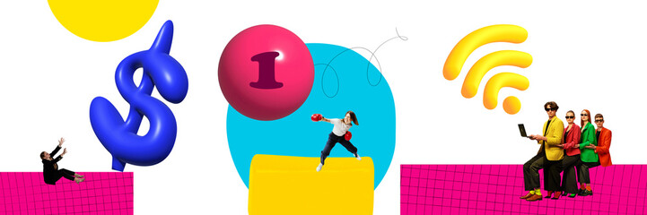 Contemporary art collage. People with 3D symbols and shapes representing digital connectivity and communication in work process. Concept of business, career development, finances, teamwork, office