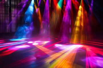 Vivid, colorful spotlights illuminate the stage floor with radiant beams of light intertwining in the performance space.