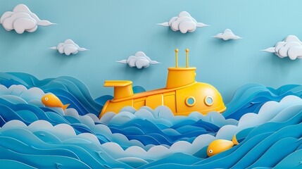 Cartoon yellow submarine underwater in 3d style
