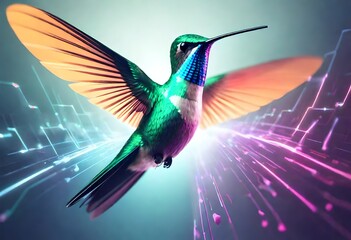 Obraz premium Harmonious data flow concept with digital humming bird flying.