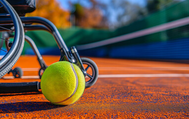 Wheelchair tennis concept. Tennis ball close-up next to wheel of sports wheelchair.