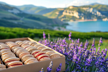 Delicate assortment of lavender and strawberry macarons presented in an elegant dessert box against the backdrop of a blooming lavender field in Provence