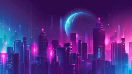 Poster City skyline with neon lights, futuristic buildings. Skyscraper futuristic city. © ellisa_studio