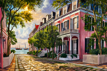 Fototapeta premium A stunning and artistic representation of South Carolina, showcasing the iconic Charleston skyline with its pastel-colored historic houses and tall palmetto trees.