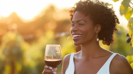 Fotobehang Radiant smile of a woman with a glass of red wine, basking in the golden hues of a vineyard at sunset © cherezoff