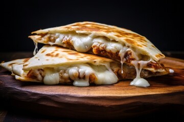 Refined quesadilla on a wooden board against a frosted glass background